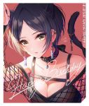  1girl animal_ears black_hair breasts cat_ears cat_tail character_name cleavage collar dated earrings eyebrows_visible_through_hair fishnet_top happy_birthday hayami_kanade highres idolmaster idolmaster_cinderella_girls ilo jewelry looking_at_viewer red_background short_hair simple_background solo tail yellow_eyes 