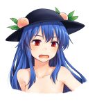  1girl bangs black_headwear blue_hair blush collarbone commentary_request cropped_torso food fruit highres hinanawi_tenshi leaf long_hair looking_at_viewer miyo_(ranthath) nude open_mouth peach red_eyes sidelocks simple_background solo sweat touhou upper_body white_background 