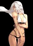  1girl altera_(fate) bare_shoulders bikini black_background black_nails breasts cleavage dark_skin fate/grand_order fate_(series) full_body_tattoo highres i-pan long_hair parted_lips red_eyes short_hair simple_background solo swimsuit tattoo very_long_hair white_hair 
