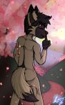  2019 4_fingers anthro black_fur black_hair black_nose blaki_raiper blush brown_fur butt canid canine cherry_blossom cloud cub cute_fangs detailed detailed_background digital_media_(artwork) eyebrows eyes_closed fingers flower fox fur hair hill looking_back male mammal multicolored_fur nude open_mouth open_smile outside park pixel_(artwork) plant rear_view shy signature sky smile solo standing teenager thick_eyebrows tree white_fur young 