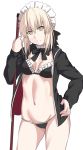  1girl alternate_costume artoria_pendragon_(all) artoria_pendragon_(swimsuit_rider_alter) bikini black_bikini black_bow black_jacket black_ribbon blonde_hair bow breasts cleavage commentary_request enmaided eyebrows_visible_through_hair fate/grand_order fate_(series) groin hand_on_hip jacket looking_at_viewer maid maid_bikini maid_headdress medium_breasts navel ribbon shiseki_hirame short_hair simple_background solo swimsuit swimsuit_under_clothes white_background yellow_eyes 