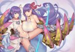  2girls armored_boots belt_collar bigrbear boots breasts claws collar crotch_plate eyebrows_visible_through_hair fate/grand_order fate_(series) gigantic_breasts hair_ribbon highres long_hair long_sleeves looking_at_viewer meltryllis multiple_girls navel o-ring o-ring_top passion_lip purple_hair red_ribbon revealing_clothes ribbon simple_background sleeves_past_wrists spiked_armor white_ribbon 