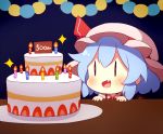  1girl 60mai :d blue_background blue_hair blush cake candle chibi commentary_request dress fang food hat hat_ribbon mob_cap open_mouth pink_dress pink_headwear portrait red_ribbon remilia_scarlet ribbon short_hair simple_background smile solo sparkle touhou |_| 