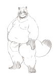  2019 anthro belly black_nose canid canine clothing donguri eyewear fundoshi glasses hi_res humanoid_hands japanese_clothing male mammal moobs navel nipples overweight overweight_male raccoon_dog simple_background solo tanuki underwear white_background 