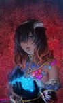  1girl black_hair bloodstained:_ritual_of_the_night blue_eyes breasts brown_hair castlevania detached_sleeves dice_(dice963) flower gauntlets gradient_hair hair_between_eyes hair_ornament highres horns looking_at_viewer miriam_(bloodstained) multicolored_hair pale_skin rocket_launcher rose rpg short_hair simple_background solo stained_glass tattoo weapon 
