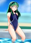  1girl absurdres arm_support blue_eyes blue_swimsuit commentary_request competition_swimsuit day green_hair highres long_hair looking_at_viewer lum nanao_futaba one-piece_swimsuit oni_horns outdoors parted_lips pointy_ears pool poolside sitting soaking_feet solo swimsuit urusei_yatsura water 