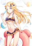  1girl abigail_williams_(fate/grand_order) bangs bare_shoulders bikini black_bikini black_bow blonde_hair blue_eyes blush bow breasts collarbone emerald_float fate/grand_order fate_(series) food forehead frilled_bikini frills hair_bow highres innertube kyaroru long_hair looking_at_viewer navel open_mouth orange_bow parted_bangs polka_dot polka_dot_bow popsicle small_breasts solo swimsuit thighs 