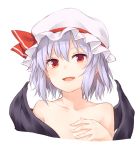  1girl :d bangs bat_wings blue_hair collarbone commentary_request cropped_torso fang flat_chest hair_between_eyes hand_on_own_chest hat hat_ribbon highres looking_at_viewer miyo_(ranthath) mob_cap nude open_mouth red_eyes red_ribbon remilia_scarlet ribbon short_hair simple_background smile solo touhou upper_body white_background white_headwear wings 