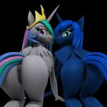  1:1 absurd_res all_fours anthro anthrofied anus argos90 butt crown duo equid female friendship_is_magic hi_res horn looking_at_viewer looking_back mammal my_little_pony princess_celestia_(mlp) princess_luna_(mlp) pussy tiara winged_unicorn wings 