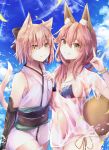  2girls ahoge animal_ear_fluff animal_ears bikini black_bow black_ribbon blue_bikini blush bow breasts cat_ears cat_girl cat_tail cleavage collarbone day ears_through_headwear fate/grand_order fate_(series) fox_ears fox_girl fox_shadow_puppet fox_tail hair_bow highres japanese_clothes kimono koha-ace large_breasts looking_at_viewer multiple_girls navel obi ocean okita_souji_(fate) okita_souji_(fate)_(all) outdoors pink_hair ribbon sash see-through shinsengumi shirt short_kimono side-tie_bikini sleeveless sleeveless_kimono swimsuit tail tamamo_(fate)_(all) tamamo_no_mae_(swimsuit_lancer)_(fate) toeless_legwear tongue watanai72 wet wet_clothes wet_shirt wet_t-shirt white_kimono yellow_eyes 