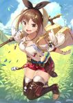  1girl :d atelier_(series) atelier_ryza belt bird blue_sky blush breasts brown_eyes brown_hair brown_legwear cleavage cloud collarbone eyebrows_visible_through_hair hair_ornament hairclip hat highres jewelry looking_at_viewer medium_breasts necklace open_mouth red_shorts reisalin_stout short_hair short_shorts shorts sky smile solo star thighhighs thighs tokumaro white_headwear white_legwear 