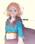  1girl bangs blonde_hair blue_eyes braid breasts cape character_name closed_mouth commentary facing_viewer hair_ornament hood hood_down kaitara_deru long_sleeves looking_at_viewer medium_breasts parted_bangs pointy_ears princess_zelda shaded_face short_hair simple_background smile solo standing the_legend_of_zelda the_legend_of_zelda:_breath_of_the_wild the_legend_of_zelda:_breath_of_the_wild_2 upper_body white_background 