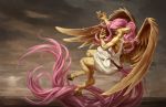  2019 anthro assasinmonkey clothed clothing digital_media_(artwork) equid equine feathered_wings feathers female fluttershy_(mlp) flying friendship_is_magic hooves mammal my_little_pony pterippus solo wings yellow_feathers 