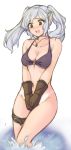  1girl bikini bottomless breasts character_request cleavage covering covering_crotch embarrassed female_my_unit_(fire_emblem:_kakusei) fire_emblem fire_emblem:_kakusei fire_emblem_heroes gloves groin highres jewelry large_breasts mamkute my_unit_(fire_emblem:_kakusei) necklace nintendo o-ring o-ring_bikini solo splashing swimsuit thigh_strap tridisart twintails wading wardrobe_malfunction white_hair 