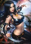  1girl abs artist_name bare_shoulders black_hair breasts choker claws cleavage green_eyes jewelry laura_kinney long_hair marvel navel nudtawut_thongmai pants pendant smile solo thighs tight tight_pants toned x-men 