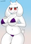  2019 absurd_res anthro big_breasts bikini blush bovid breasts caprine clothing digital_media_(artwork) female goat hi_res huge_breasts locote68 looking_down mammal mature_female overweight red_eyes simple_background slightly_chubby smile solo swimwear thick_thighs toriel undertale video_games 