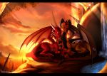  2016 black_bars claws day detailed_background digital_media_(artwork) dragon duo fantasy feral hi_res horn lying membrane_(anatomy) membranous_wings outside scalie scarf skaydie sky western_dragon wings 