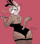  2019 anthro beverage biped blush bodily_fluids breasts bunny_costume butt clothed clothing consol costume cup eyebrows eyelashes fake_ears fake_rabbit_ears felid feline female fishnet fishnet_legwear fur green_eyes hi_res holding_object inner_ear_fluff josun legwear looking_at_viewer looking_back lynx mammal neck_collar raised_tail rear_view signature simple_background snout solo standing sweat thick_thighs tuft zeha 