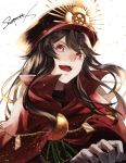  1girl absurdres black_hair brooch cape fate/grand_order fate_(series) gloves hat highres jewelry long_hair military_hat oda_nobunaga_(fate) red_eyes signature w-moz9-w white_gloves 