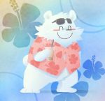  2019 anthro beverage blush bubble_tea clothing eyes_closed eyewear fur hi_res macaronpoffin male mammal polar_bear shirt slightly_chubby solo sunglasses topwear ursid ursine white_fur 