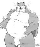  anthro belly blush bobcat claws clothed clothing deadanthro eyes_closed felid feline fundoshi fur greyscale japanese_clothing lynx male mammal monochrome musclegut muscular muscular_male navel open_mouth open_smile overweight overweight_male simple_background smile solo topless underwear white_background 