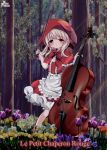  1girl artist_name blonde_hair blush bow bow_(instrument) cello copyright_name dress flower forest french_text frills full_body instrument little_red_riding_hood little_red_riding_hood_(grimm) looking_at_viewer nature outdoors red_bow red_dress red_eyes red_headwear standing yuzu_project 