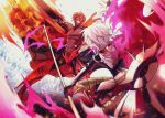  2boys armor ashwatthama_(fate/grand_order) battle black_bodysuit black_gloves bodysuit choker dark_skin earrings fate/grand_order fate_(series) gloves grin highres holding holding_spear holding_weapon jewelry karna_(fate) legs_apart male_focus multiple_boys muscle outstretched_hand polearm red_hair sasame_yuuki shirtless smile spear standing teeth weapon white_hair yellow_eyes 
