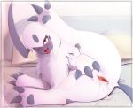  2019 absol anus bed blush bodily_fluids drooling eryz fangs female feral genital_fluids hi_res lying nintendo on_bed on_side one_eye_closed open_mouth pillow pok&eacute;mon pok&eacute;mon_(species) presenting presenting_pussy pussy pussy_juice raised_leg saliva solo tongue tongue_out video_games 