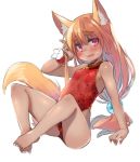  1girl animal_ear_fluff animal_ears bangs bare_arms bare_legs bare_shoulders barefoot blush breasts brown_hair casual_one-piece_swimsuit dark_skin eyebrows_visible_through_hair fingernails flower flower_bracelet fox_ears fox_girl fox_tail full_body hair_between_eyes hand_up long_hair looking_at_viewer low-tied_long_hair one-piece_swimsuit open_mouth original red_eyes red_flower red_swimsuit sharp_teeth simple_background small_breasts solo swimsuit tail teeth thick_eyebrows toba_hiyoko toenails very_long_hair white_background white_flower 