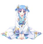  1girl bangs blue_eyes blue_flower blue_hair blue_kimono blush brown_flower chtholly_nota_seniorious closed_mouth comma eyebrows_visible_through_hair floral_print flower full_body gyaza hair_between_eyes hair_flower hair_ornament hair_ribbon japanese_clothes kimono long_sleeves obi parted_bangs print_kimono red_flower ribbon sash seiza shuumatsu_nani_shitemasu_ka? sidelocks simple_background sitting smile solo translation_request two_side_up white_background white_flower white_ribbon wide_sleeves 