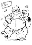  2019 anthro belly black_nose bodily_fluids bottomwear canid canine clothing cute_fangs humanoid_hands japanese_text male mammal navel nazotyu overweight overweight_male pants raccoon_dog solo sweat tanuki text underwear 