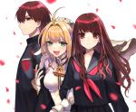  1boy 2girls :d ahoge arm_grab blonde_hair brown_eyes brown_hair chain closed_mouth fate/extra fate/extra_ccc fate_(series) flower gloves green_eyes hair_flower hair_intakes hair_ornament kishinami_hakuno_(female) kishinami_hakuno_(male) lock long_hair looking_at_viewer multiple_girls neckerchief nero_claudius_(bride)_(fate) nero_claudius_(fate)_(all) ofstan open_mouth padlock petals red_neckwear short_hair simple_background smile tsukumihara_academy_uniform_(fate/extra_ccc) upper_body veil white_background white_gloves 