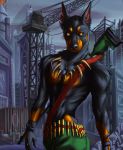  anthro athletic bandolier black_fur bottomwear building canid canine canis city cityscape clothed clothing crane_(machine) dew_dragon dog_tags domestic_dog fur gloves gun handwear hi_res looking_at_viewer male mammal notched_ear orange_eyes orange_fur outside pants partially_clothed ranged_weapon rifle scar solo tooth_necklace topless weapon 