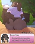  2019 anthro big_butt black_hair blurred_background bottomless butt clothed clothing detailed_background dialogue digital_media_(artwork) english_text enir eyewear female fur glasses hair hi_res huge_butt looking_at_viewer looking_back mammal mature_female mustelid musteline rosanne_hayes smile solo text thick_thighs thong underwear wolverine 