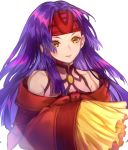  1girl closed_mouth fire_emblem fire_emblem:_radiant_dawn headband jurge long_hair long_sleeves purple_hair sanaki_kirsch_altina sleeves_past_fingers sleeves_past_wrists solo upper_body white_background yellow_eyes 