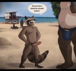  anthro balls beach bulge delirost dialogue erection guardians_of_the_galaxy hi_res humanoid_penis male male/male mammal marvel penis procyonid public raccoon rocket_raccoon seaside 