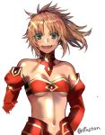  1girl :d bandeau bare_shoulders blonde_hair blush breasts collarbone detached_collar detached_sleeves fate/apocrypha fate_(series) green_eyes looking_at_viewer mordred_(fate) mordred_(fate)_(all) navel ofstan open_mouth ponytail red_sleeves shiny shiny_skin short_hair simple_background small_breasts smile solo twitter_username underboob upper_body white_background 