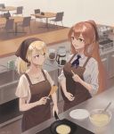  2girls apron bangs beige_shirt blonde_hair blue_eyes blush bowl braid breasts brown_apron brown_hair closed_mouth collarbone collared_shirt commentary cooking eyebrows_visible_through_hair food french_braid g36_(girls_frontline) girls_frontline green_eyes hair_between_eyes hair_ribbon hair_rings holding_frying_pan holding_spatula index_finger_raised indoors kitchen long_hair long_sleeves m1903_springfield_(girls_frontline) medium_breasts multiple_girls open_mouth pancake plate ponytail ribbon shirt sidelocks sleeves_folded_up smile srm463 very_long_hair whisk white_shirt 