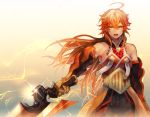  1boy :o ahoge black_gloves black_pants cowboy_shot fate/grand_order fate_(series) furrowed_eyebrows gloves gradient gradient_background grey_background holding holding_sword holding_weapon long_hair looking_at_viewer male_focus ofstan open_mouth orange_eyes orange_hair pants rama_(fate/grand_order) serious solo sword teeth tongue weapon yellow_background 