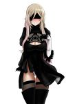  1girl absurdres arms_behind_back blindfold blonde_hair breasts cleavage cosplay goblin_slayer! highres large_breasts leotard long_hair nier_(series) nier_automata open_mouth solo sword_maiden the_only_shoe thigh_gap thighhighs thighs white_background yorha_no._2_type_b yorha_no._2_type_b_(cosplay) 