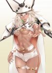  1girl absurdres belt beltbra blush breasts cape dark_skin grey_hair guilty_gear guilty_gear_xrd hat highres long_hair medium_breasts navel open_mouth orange_eyes otsutei outstretched_hand ramlethal_valentine short_shorts shorts smile thigh_strap underboob 