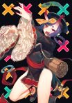  1girl alternate_hairstyle arms_up bare_legs bell black_footwear blush eyebrows_visible_through_hair fate/grand_order fate_(series) highres horns kotoribako long_sleeves looking_at_viewer open_mouth purple_eyes purple_hair short_hair shuten_douji_(fate/grand_order) smile solo thick_eyebrows tongue tongue_out 