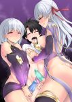  1boy 2girls :q armlet ass bangs bare_shoulders black_hair blush bracelet breast_rest breasts closed_eyes condom condom_on_penis covered_navel dress erection eyebrows_visible_through_hair fate/grand_order fate_(series) fujimaru_ritsuka_(male) futa_with_male futanari girl_sandwich gold hair_ribbon half-closed_eyes jewelry kama_(fate/grand_order) kirisaki_byakko large_breasts long_hair looking_at_another male_masturbation masturbation medium_breasts microskirt multiple_girls naughty_face nose_blush open_mouth parted_bangs penis pink_ribbon precum purple_dress purple_eyes purple_sleeves red_eyes revealing_clothes ribbon ring saliva sandwiched see-through shirt_lift short_hair silver_hair skirt sleeveless sleeveless_dress smile testicles thighhighs thighlet tongue tongue_out wince younger 
