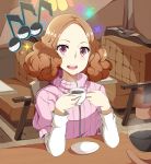  1girl :d brown_eyes brown_hair chair coffee coffee_pot cup eighth_note elbows_on_table highres indoors long_sleeves looking_at_viewer musical_note okumura_haru olly_(ollycrescent) open_mouth persona persona_5 pink_sweater plate ribbed_sweater short_hair smile sparkle sweater 