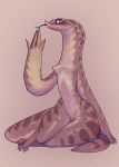  2019 4_fingers 4_toes anthro areola arm_support big_tail blep breasts brown_scales derek_hetrick female fingers forked_tongue hi_res navel non-mammal_breasts pattern_background reptile scales scalie simple_background sitting slit_pupils small_breasts snake solo thick_tail thick_thighs toes tongue tongue_out wide_hips 