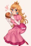  1girl blonde_hair blue_earrings blue_eyes breasts crown dress earrings elbow_gloves food gloves hamburger heart highres holding holding_food jewelry long_hair mario_(series) medium_breasts pink_dress princess_peach puffy_short_sleeves puffy_sleeves rasberruu red_footwear shoes short_sleeves signature simple_background sitting solo white_background white_gloves 