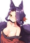  1girl :3 animal_ear_fluff animal_ears bangs bare_shoulders blush breasts brown_eyes cleavage closed_mouth collarbone commentary_request eyebrows_visible_through_hair forehead fox_ears fox_girl fox_tail hair_ornament hair_over_one_eye haru_(renol) highres japanese_clothes kimono large_breasts long_hair looking_at_viewer multicolored_hair off_shoulder parted_bangs purple_hair red_kimono sewayaki_kitsune_no_senko-san simple_background smile solo sora_(sewayaki_kitsune_no_senko-san) tail two-tone_hair upper_body white_background 