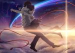  1boy 1girl absurdres black_hair brown_hair closed_eyes cloud comet hair_ribbon highres hug kimi_no_na_wa. miyamizu_mitsuha pants pleated_skirt red_string ribbon shirt shooting_star signature skirt sky star_(sky) starry_sky string sunset tachibana_taki w-moz9-w white_shirt 