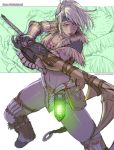  1girl armor borrowed_character breasts character_name cleavage commentary commentary_request dark_skin english_commentary fingerless_gloves gloves monster_hunter monster_hunter:_world orange_eyes pelvic_curtain polearm rejean_dubois rona_wolfsblood solo weapon whisker_markings white_hair zoom_layer 
