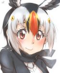  1girl atlantic_puffin_(kemono_friends) bangs black_hair black_jacket black_scarf blonde_hair commentary_request face feathered_wings hair_between_eyes head_wings highres jacket kemono_friends looking_at_viewer multicolored_hair red_eyes red_hair scarf short_hair signature simple_background smile solo thin_(suzuneya) white_background white_hair wings 